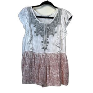 ANTHROPOLOGIE RANNA GILL Embroidered Ruffle Detail White/Gray/Pink Blouse, Sz S